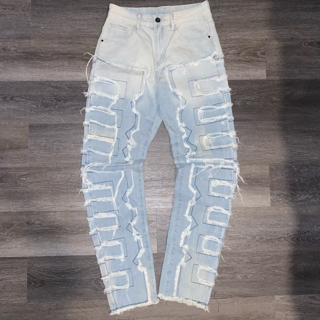 Lightwash Stitched Frayed Detailing Denim Jeans